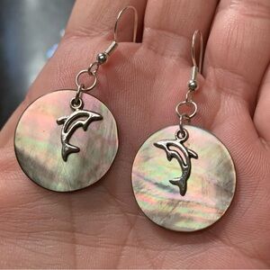 ❤️5/$15 Black Mother of Pearl Shell Dolphin Charm Silver Handcrafted Earrings